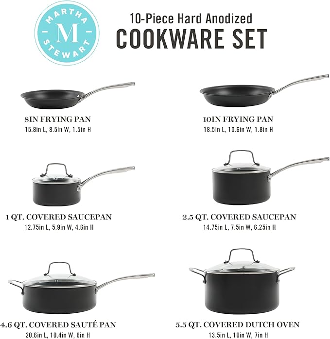Martha Stewart 10 Piece Hard Anodized Aluminum Cookware Set and 14 Piece Stainless Steel Cutlery Knife Block Set Bundle