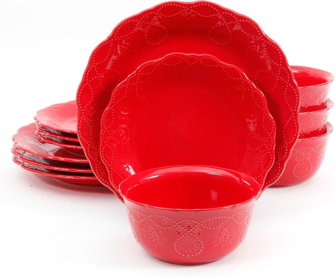 12-Piece Red Stoneware Dinnerware Set Cowgirl Lace Embossed Scalloped Edge Service for 4
