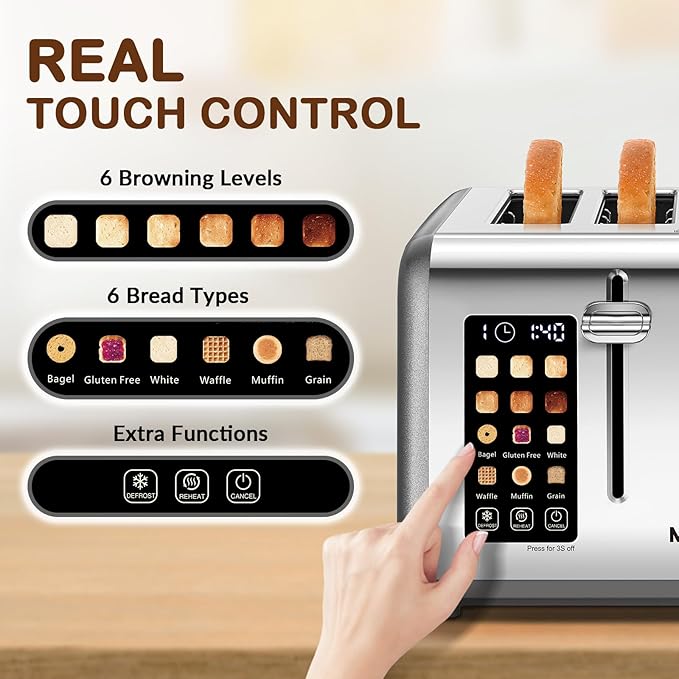 Mecity 4 Slice Toaster with Touch Screen Control 4 Wide Slots Stainless Steel Smart Bread Toaster for Bagels Muffins Waffles Dual Control Panel Timer Defrost Reheat 120V 1650W Pearl Grey