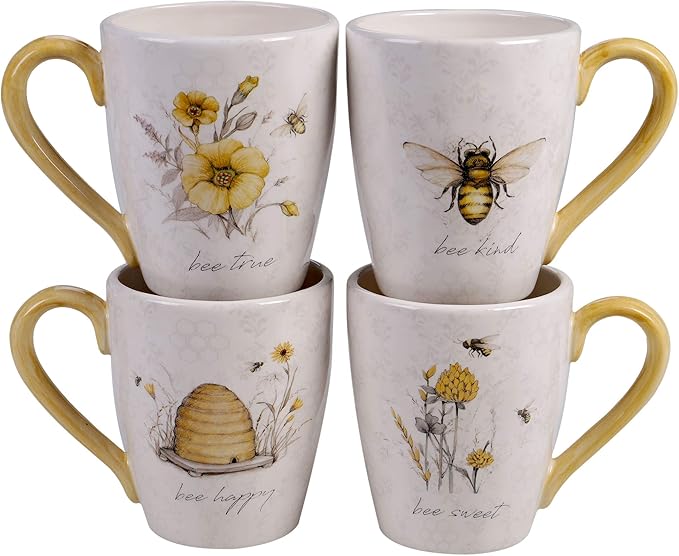 Bee Sweet 16-Piece Ceramic Dinnerware Set – Service for 4 Farmhouse Bee and Floral Design Includes 4 Dinner Plates 4 Salad Plates 4 Bowls 4 Large Mugs – Microwave &amp Dishwasher Safe