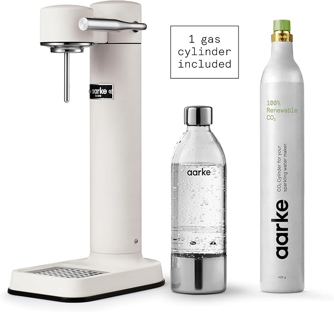 Aarke Carbonator lll with CO2 Cylinder Sparkling &amp Carbonation Water Machine Stainless Steel with PET BPA-Free Reusable Bottle Volume 1L/34 fl oz (Matte White)