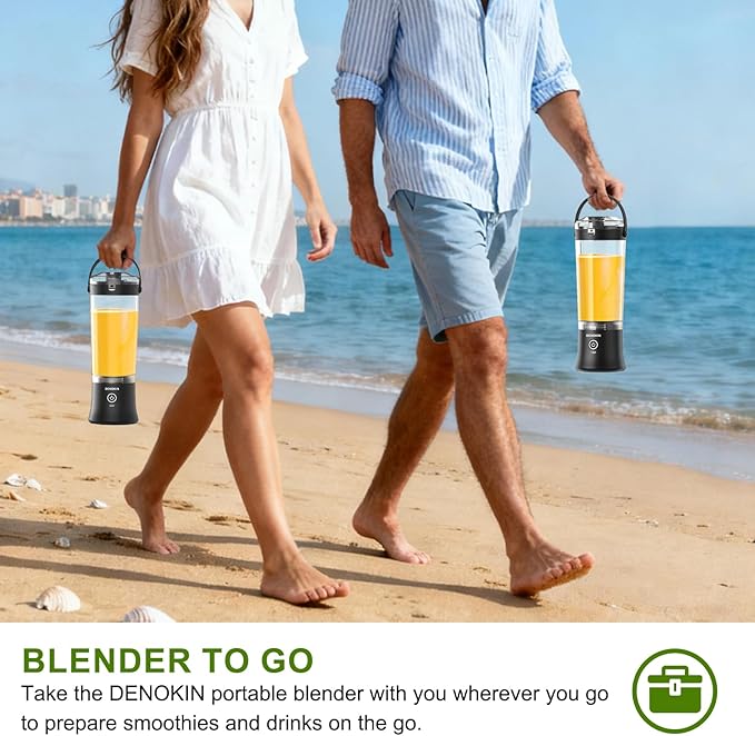 DENOKIN Portable Blender with Drinking Lid 16oz Cordless Blender for On-the-Go Rechargeable via USB-C Black