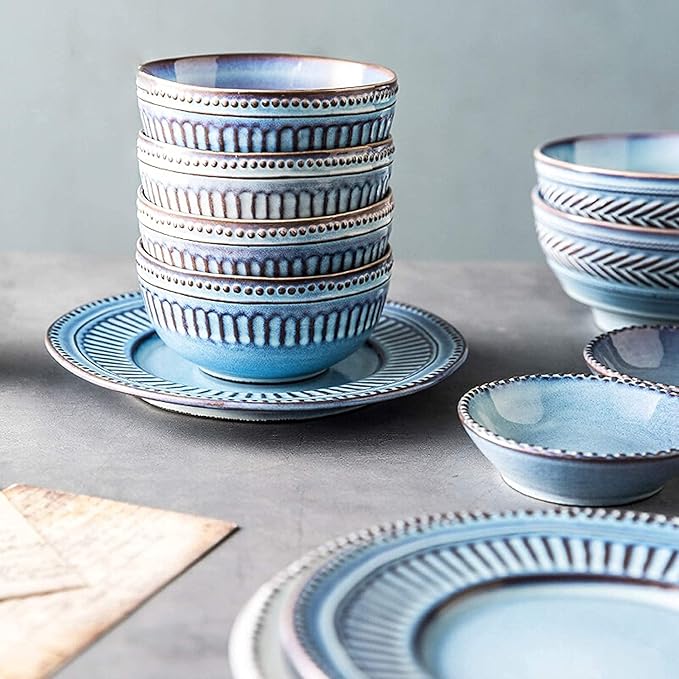 Ceramics Dinner Sets 16 Pieces Relief Craft Porcelain Dinnerware Set|Retro Blue and White Cereal Bowl Steak Plate and Soup Bowl