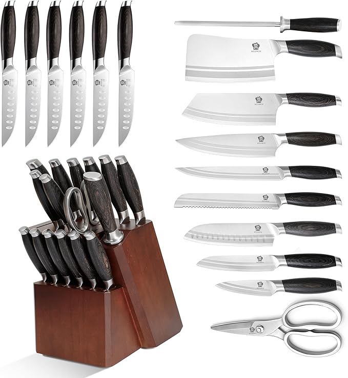 WILDMOK Kichen Knife Block Set 17-piece Knife Set with Wooden Block German Steel Kitchen Knives Sets with Bone Chopper Gift Box