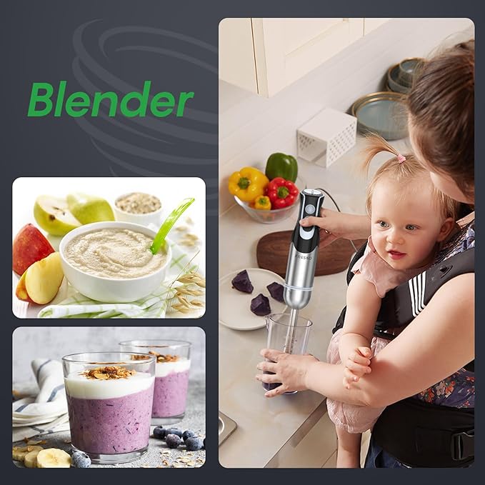 FRESKO Immersion Blender Handheld 4-in-1 Stainless Steel Hand Electric Stick Mixer with 12-Speeds &amp Turbo Mode Powerful 500W Emulsion Blender with Beaker Chopper &amp Whisk