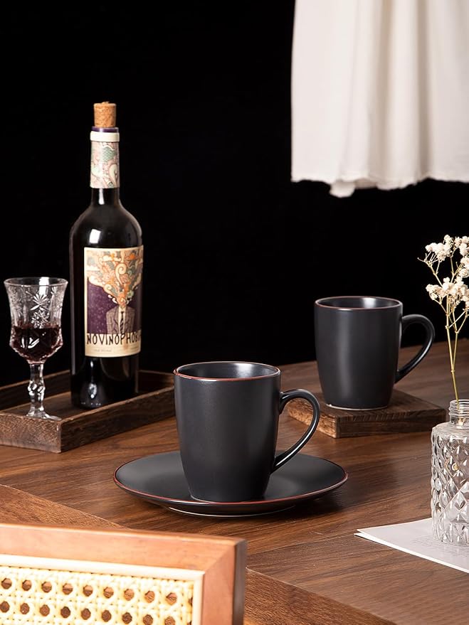 Famiware Venus Plates and Bowls Sets with Coffee Mugs Set 18 Pieces Stoneware Dinnerware Sets Black