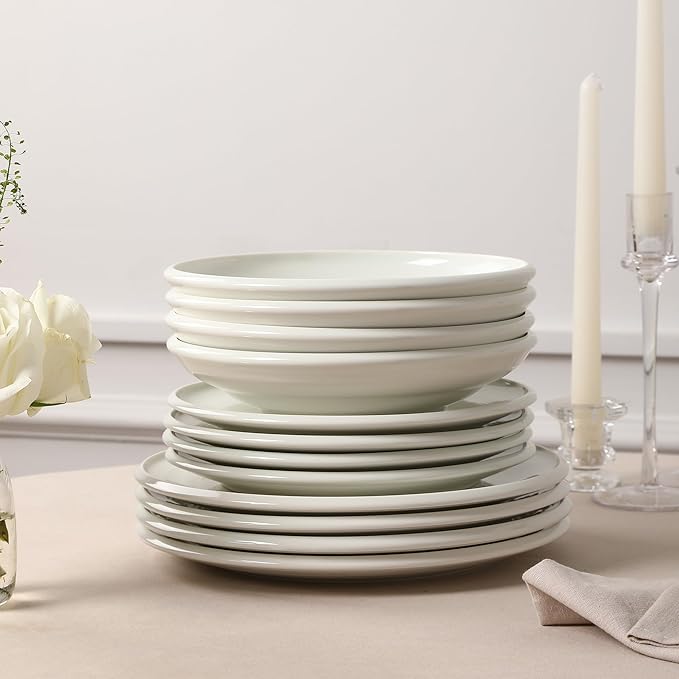 Earth &amp Clay Harmony 12-Piece Dinnerware Stoneware Plates and Bowls Set Includes Dinner and Salad Plates Cereal Bowls Dishwasher and Microwave Safe Dish Set for 4 White