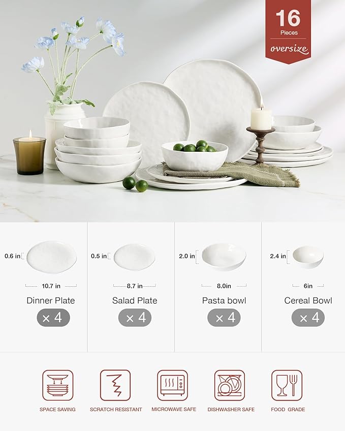 Famiware Porcelain kitchen plates and bowls set Modern dishes set for 4 Handmade Wave Edge Dinnerware Sets Microwave and Dishwasher Safe Tableware Polar White (16pc)