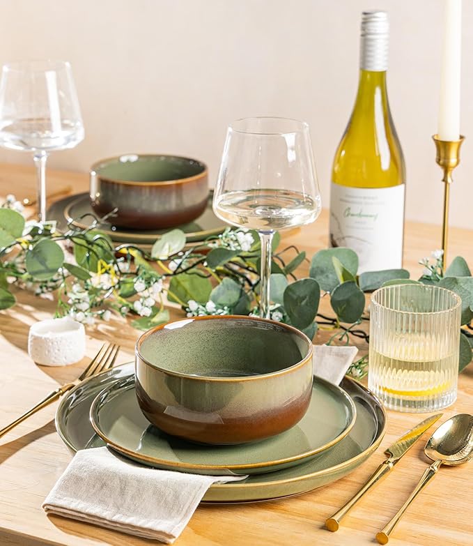 TheTerra Ceramic Dinnerware Sets for 6 18 Pieces Handmade Reactive Glaze Plates and Bowls Set Scratch Resistant Dish Set Oven &amp Microwave &amp Dishwasher Safe Sage Umber