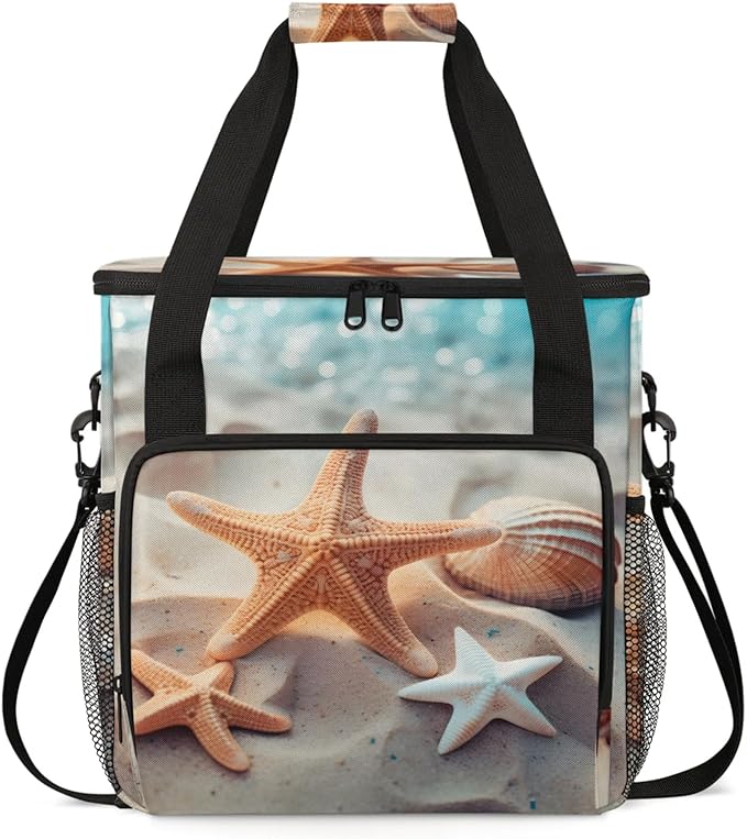 Summer Sand Starfishes Coffee Maker Travel Bag for Keurig K-Mini/K-Mini Plus Insulated Waterproof Tote with Pockets Portable Single-Serve Brewer Case