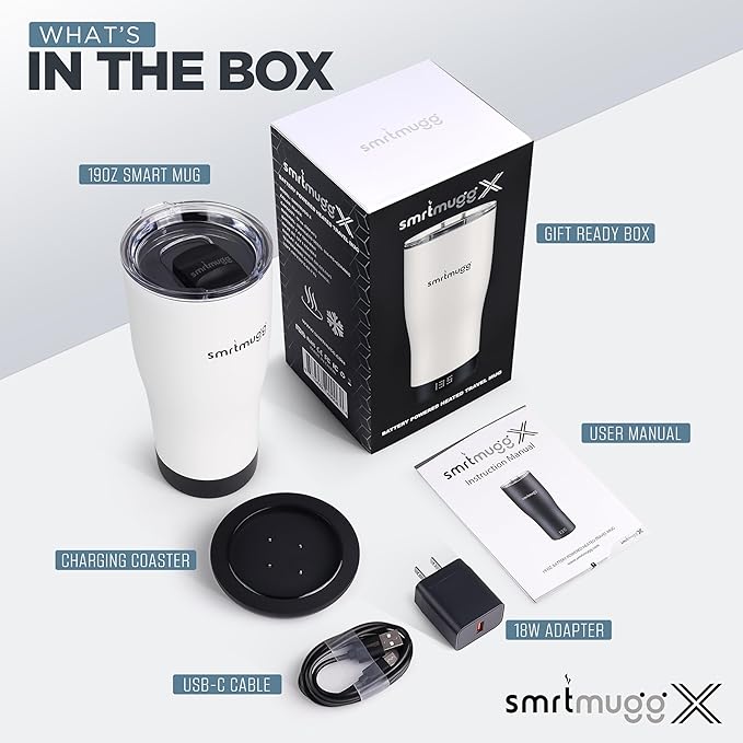 X Heated Coffee Mug 19 oz. 8 Hour Battery Life Self-Heating Adjustable Temp Controlled LCD Screen Includes Cover with Magnetic Slider (Black) (White)