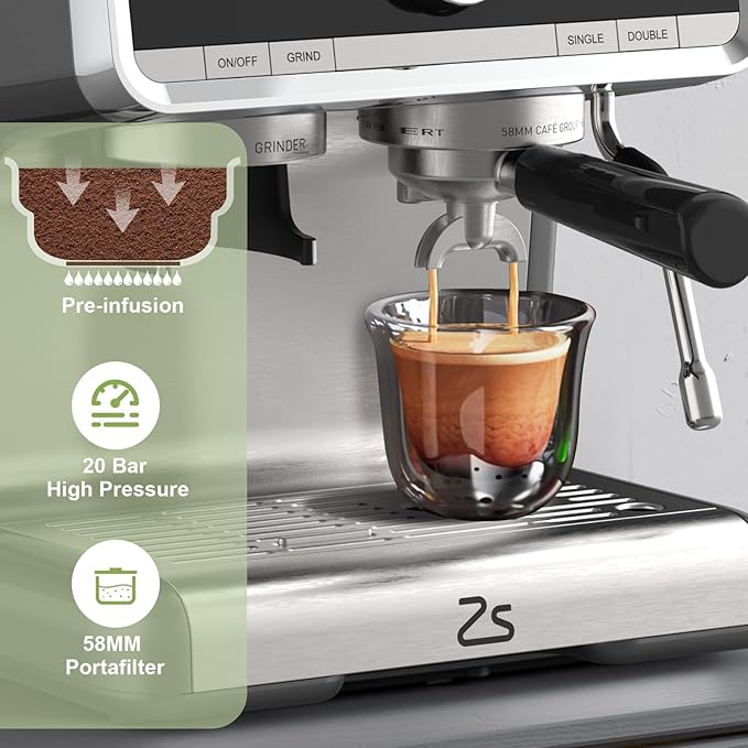 20 Bar Barista-Grade Espresso Machine with Conical Burr Grinder &amp Steam Wand - PID Control Stainless Steel Coffee Maker with 95oz Detachable Tank for Latte Cappuccino Home Cafe Silver Gray