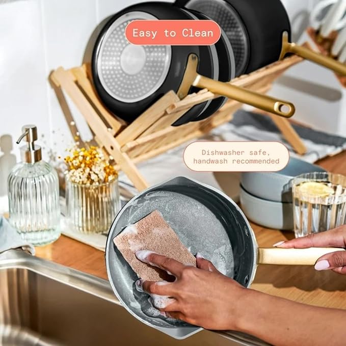 12-Piece Ceramic Nonstick Cookware Set Pots and Pans with Strainer Lids (Black Sesame)