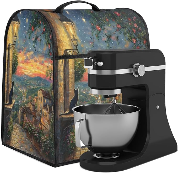 Kitchen Aid Mixer Cover Light Night Scene Cat Flower Stand Mixer Cover Compatible with 6-8 Quarts Stand Mixers Dust Covers with Zipper Pocket Foldable Washable Kitchen Aid Organizer Bag