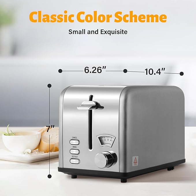 Simple Deluxe 2-Slice Stainless Steel Toaster 5 Browning Setting and 3 Function Extra Wide Slot Toaster with Removable Crumb Tray Silver