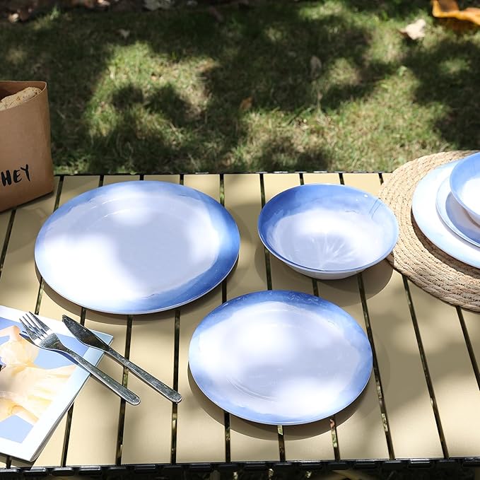 Melamine Dinnerware Sets- 12pcs Melamine Plates and Bowls Set for 4 Suitable for Indoor and Outdoor Use Blue
