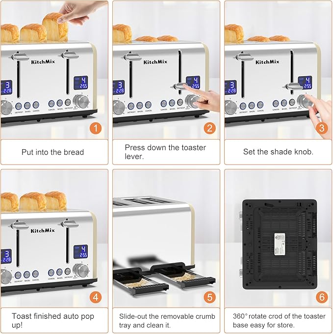 Toaster 4 Slice KitchMix Bagel Stainless Toaster with LCD Timer Extra Wide Slots Dual Screen Removal Crumb Tray (Cream)