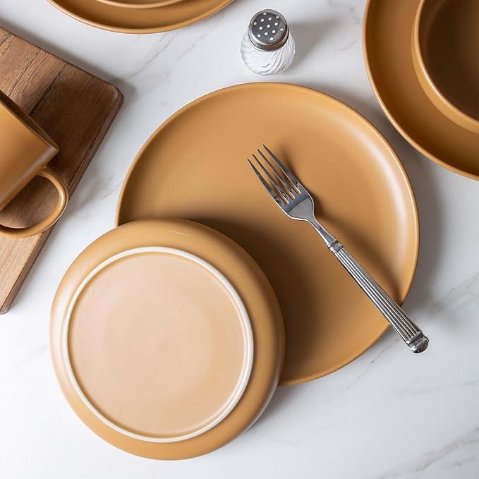 Plates and Bowls Sets 12 Pieces Stoneware Dinnerware Sets with Mugs Stackable Matte Glaze Kitchen Stoneware Plates and Bowls Set for 3 Microwave and Dishwasher Safe(Orange)