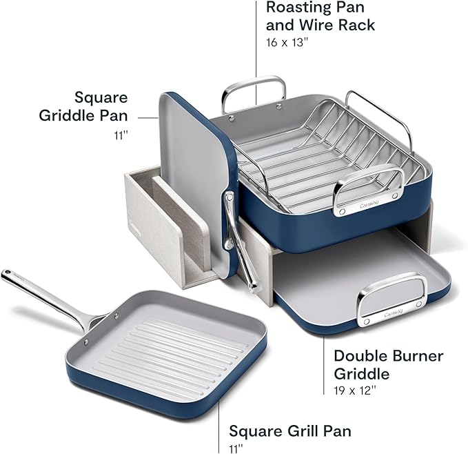 Caraway Square Cookware Set - Square Pans Set - Perfect for Griddling Toasting Searing Roasting and More - Non-Stick Ceramic Coated Pans - Non Toxic PTFE &amp PFOA Free - Navy