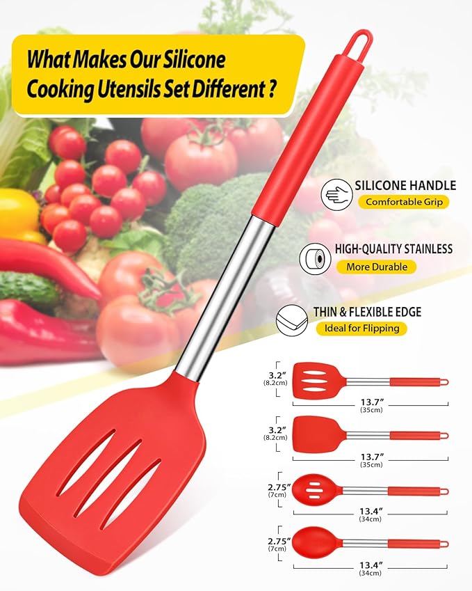 Pack of 4 Silicone Cooking Utensils Set Non Stick Large Solid Spatulas Heat Resistant Slotted Spoons Ideal BPA Free Kitchen Turners for Frying MixingServingDrainingTurningStirring (RED)
