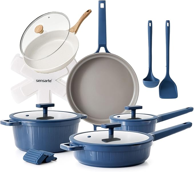 SENSARTE Ceramic Nonstick Cookware Set 15 Piece includes 9.5 Inch Omelet Pan with Lid Induction Compatible Frying Pan Skillet