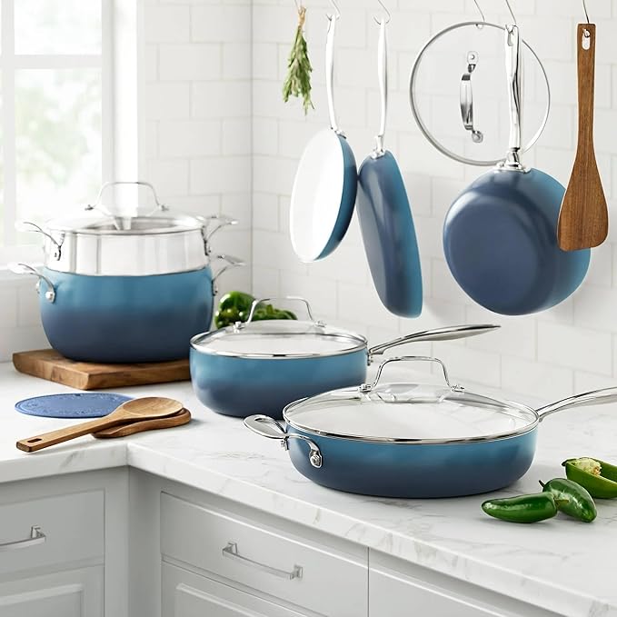 15-Piece Cookware Set Ceramic Nonstick Pots and Pans Set with Utensils Blue