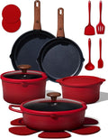 CAROTE 20Pcs Titanium Cookware Set Pots and Pans Set Non Stick Kitchen Cooking Set with Detachable Handle Non Toxic Induction Cookware - Camping Cookware Dishwasher/Oven Safe Red