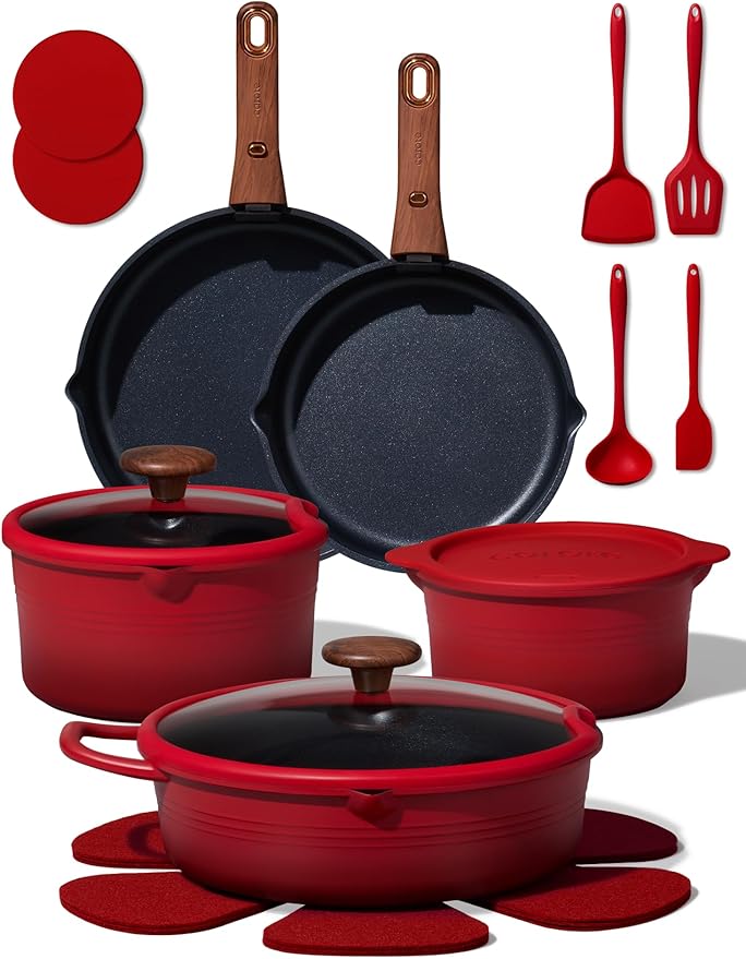 CAROTE 20Pcs Titanium Cookware Set Pots and Pans Set Non Stick Kitchen Cooking Set with Detachable Handle Non Toxic Induction Cookware - Camping Cookware Dishwasher/Oven Safe Red