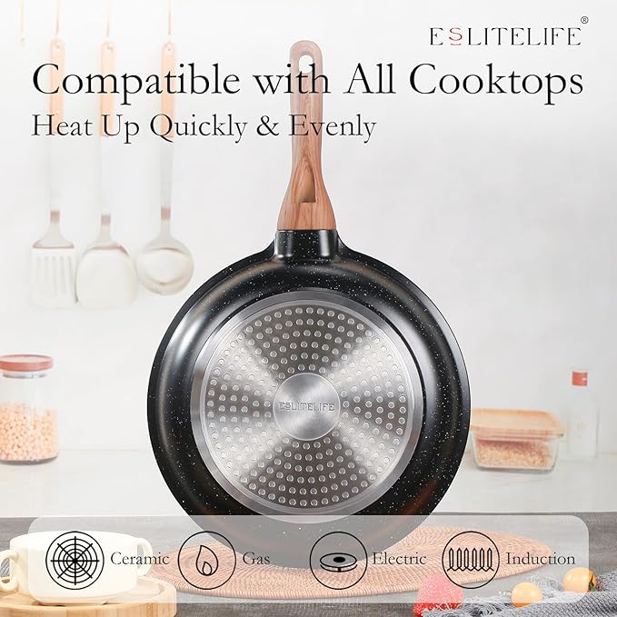 ESLITE LIFE Nonstick Cookware Sets 12 Pcs Granite Coating Pots and Pans Set Kitchen Cooking Set Compatible with All Stovetops (Gas Electric &amp Induction) PFOA Free Black