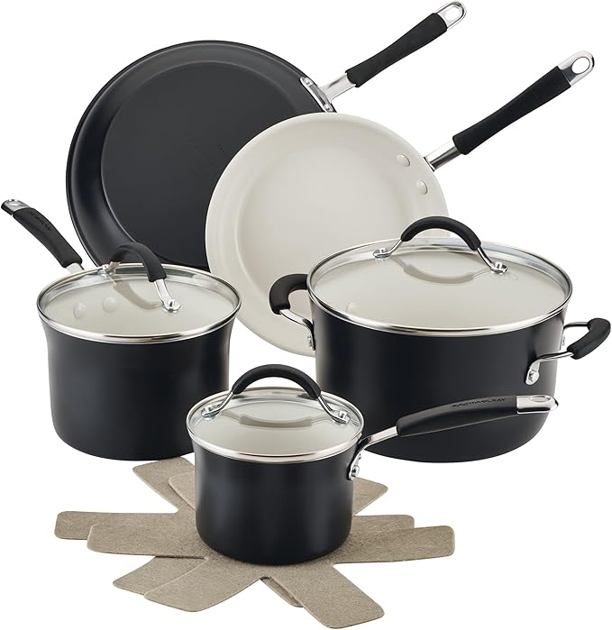 Rachael Ray Cucina Ceramic Nonstick Pots and Pans Set with Saucepans Frying Pans Stockpot Lids and Pan Protectors 10 Piece Non Stick Cookware Set Dishwasher Safe - Peppercorn