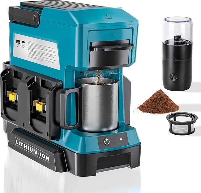 Taingwei Cordless Coffee Maker for Makita 18V Battery Portable Drip Coffee Maker with Electric Coffee Grinder for RV Camping Travel Car Hiking (Battery Not Included)