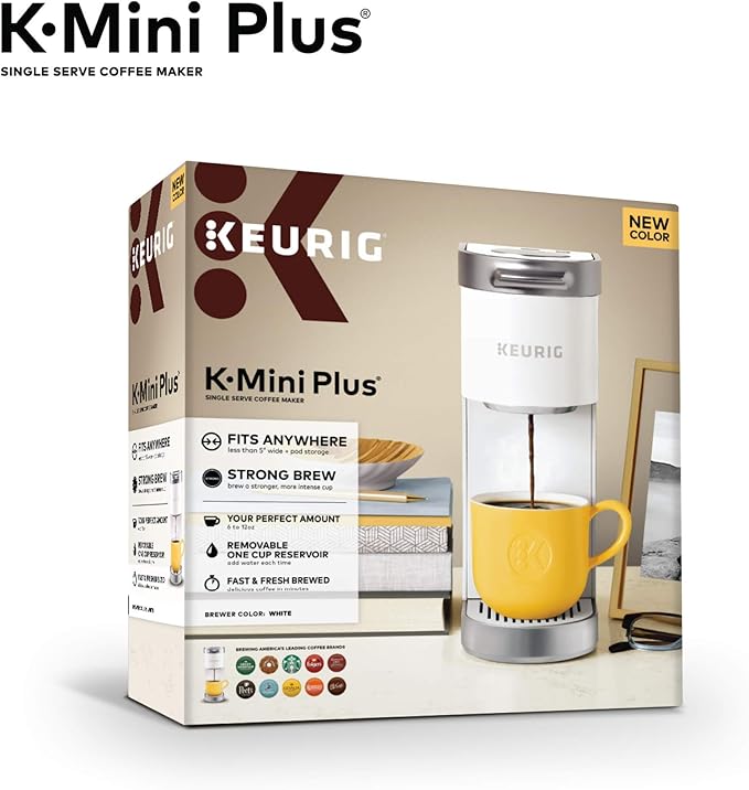 Keurig K-Mini Plus Single Serve K-Cup Pod Coffee Maker with 6 to 12oz Brew Size Stores up to 9 K-Cup Pods Travel Mug Friendly Matte White