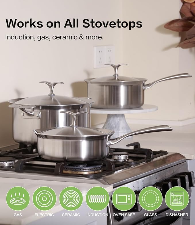 5-Ply Stainless Steel Cookware Set 6 Pcs Non Stick Pots and Pans Set with Steam-Return Lids Induction &amp Oven Safe Non Toxic PFOA PTFE PFOS Free Professional Chef Quality Cookware