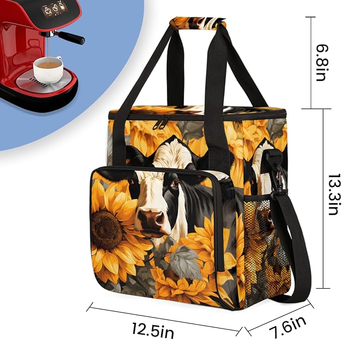 Cow Sunflowers Coffee Maker Carrying Bag Portable Travel Storage Tote Bag Compatible with K-Mini or K-Mini Plus Single Serve Coffee Brewer Carrying Case with Multiple Pockets &amp Shoulder Strap