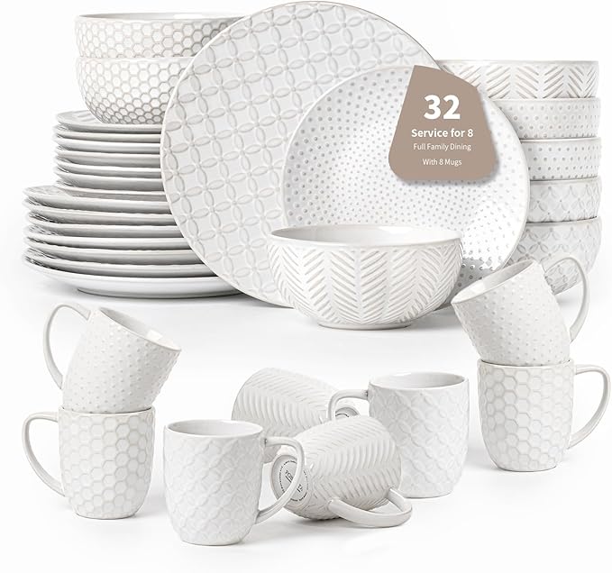 32-Piece Stoneware Dinnerware Set with Mugs Service for 8 – Stylish &amp Durable Tableware for Family Meals Chip-Resistant &amp Stackable