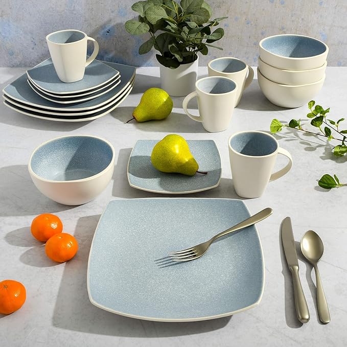 Modern Matte Glaze Square Dinnerware Set - 16 Piece Stoneware Service for 4 Dishwasher &amp Microwave Safe Teal Finish (Light Blue)