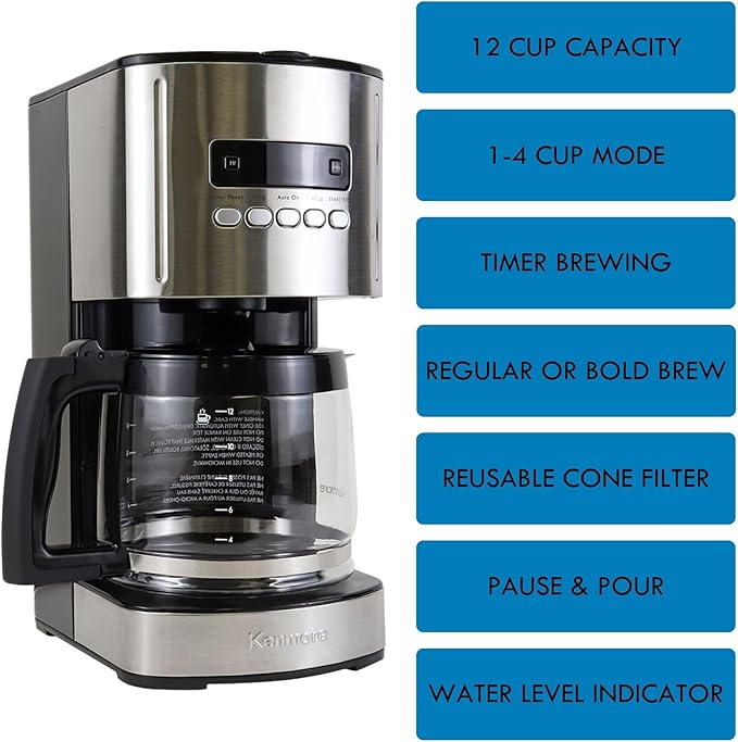 Kenmore Drip Coffee Maker - Programmable Cafe Machine With Glass Pot Regular &amp Bold Brew Auto Shut Off Large Water Reservoir Reusable Filter Kitchen Appliances For Cafeteria Barista 12 Cup Bl