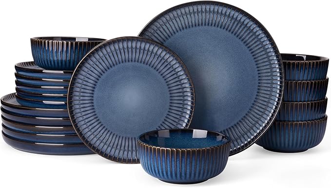 Famiware Starlight Plates and Bowls Dishes Set of 6 (18 Pieces) Ribbed Textured Stoneware Dinnerware Sets- Dishwasher &amp Microwave Safe Chip &amp Scratch Resistant Starry Blue