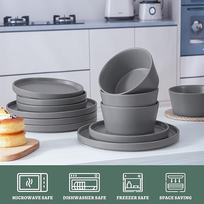 Asrug Gray 12-Piece Plates and Bowls SetsCeramic Dish Sets for 4 Chip Resistant and Scratch Dinnerware Set Dining Dinner Porcelain Dishware Microwave and Dishwasher Safe (Gray)