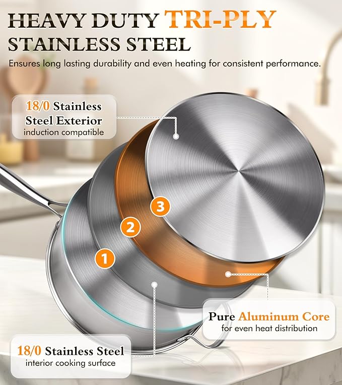 16-Piece Pots and Pans Set Tri-Ply Stainless Steel Cookware Set with Lids Non-toxic Kitchen Cooking Set Dishwasher-Friendly Induction-Ready Even Heating Heavy Duty Compatible with All Cooktops