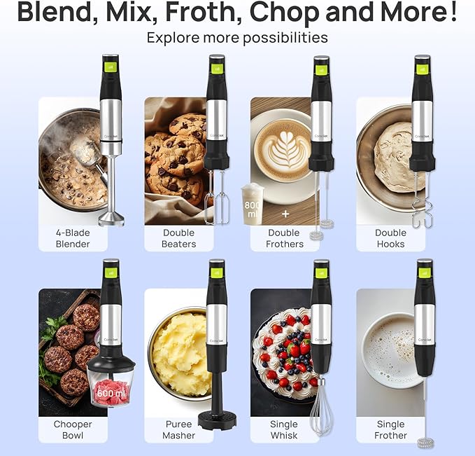 Consciot 10-in-1 Immersion Blender Handheld Max 1100W with Entire Stainless Steel Blender Shaft Trigger Speed Control 800ml Beaker 600ml Chopper Beaters Frothers Hooks Masher Whisk &amp 600ml