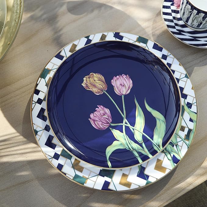 European Style Dinnerware Set Service for 6 Bone China Dinnerware Sets Unbreakable Porcelain Dinner Sets Coffee Cup and Saucer Tableware Set Steak Dinner Plates Dish Set tulip