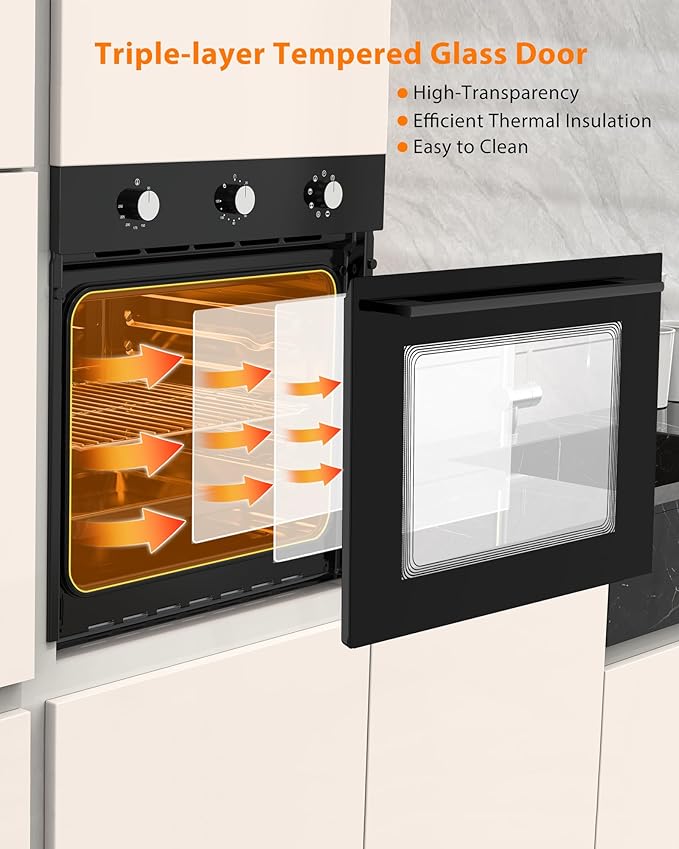 24 Built-in Electric Oven - 2.5 CF Convection 3000W Power 240V 8 Cooking Modes Stainless Steel Finish Mechanical Controls Transparent Window Black Design