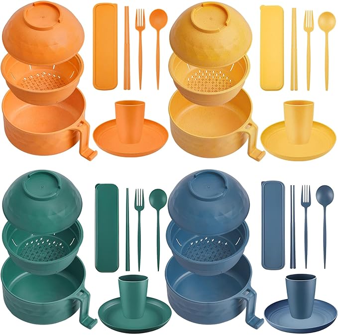 24 Pcs Microwave Ramen Cooker Set Microwavable Wheat Straw Dinnerware Sets with 40oz Ramen Bowl Plates Cups and Cutlery Box Dishwasher Safe Camping College Dorm (Bright Colors)