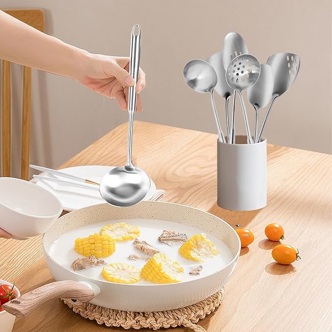 6Pcs Stainless Steel Kitchen Utensils Set – Cooking Utensils Set Stainless Steel Metal Cooking Utensils with Wok Spatula Serving SpoonsLadle Set– Durable Cooking Supplies for Home and Camping