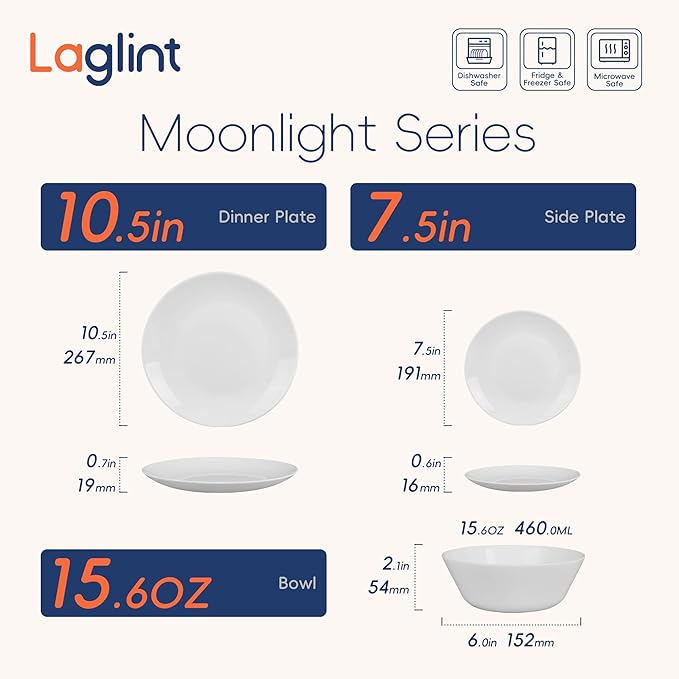 Dinnerware Sets for 6 LaGlint 18 Pieces Opal Glass Plates and Bowls Set Dishwasher and Microwave Safe Dish Dinning Ware Chip and Scratch Resistant Dishware White