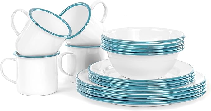 Red Co. 16-Piece Enamelware Metal Dinnerware Set for 4 Solid White/Teal Rim