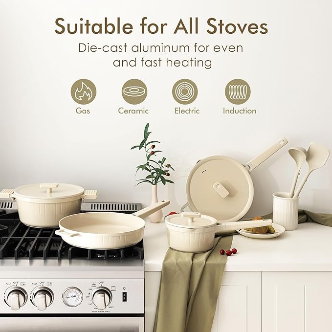 SENSARTE Ceramic Cookware Set Non-toxic 14 Pcs Nonstick Pots and Pans Set Dishwasher Safe Induction Cookware Healthy Kitchen Cooking Set w/Die-cast Lids PFOA/PFAS/PTFE Free