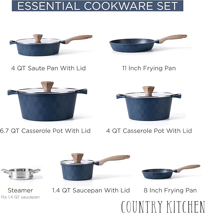Country Kitchen Non-Stick Cast Aluminum Cookware Set - Durable Kitchen Cookware for Everyday Cooking Navy 11 Pc.