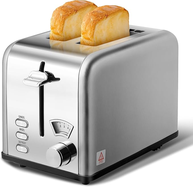 YSSOA 2-Slice Toaster with Extra Wide Slot &amp Removable Crumb Tray 5 Browning Setting and 3 Function: Bagel/Defrost/Cancel Retro Stainless-Steel Style for Bread &amp Waffle Silver